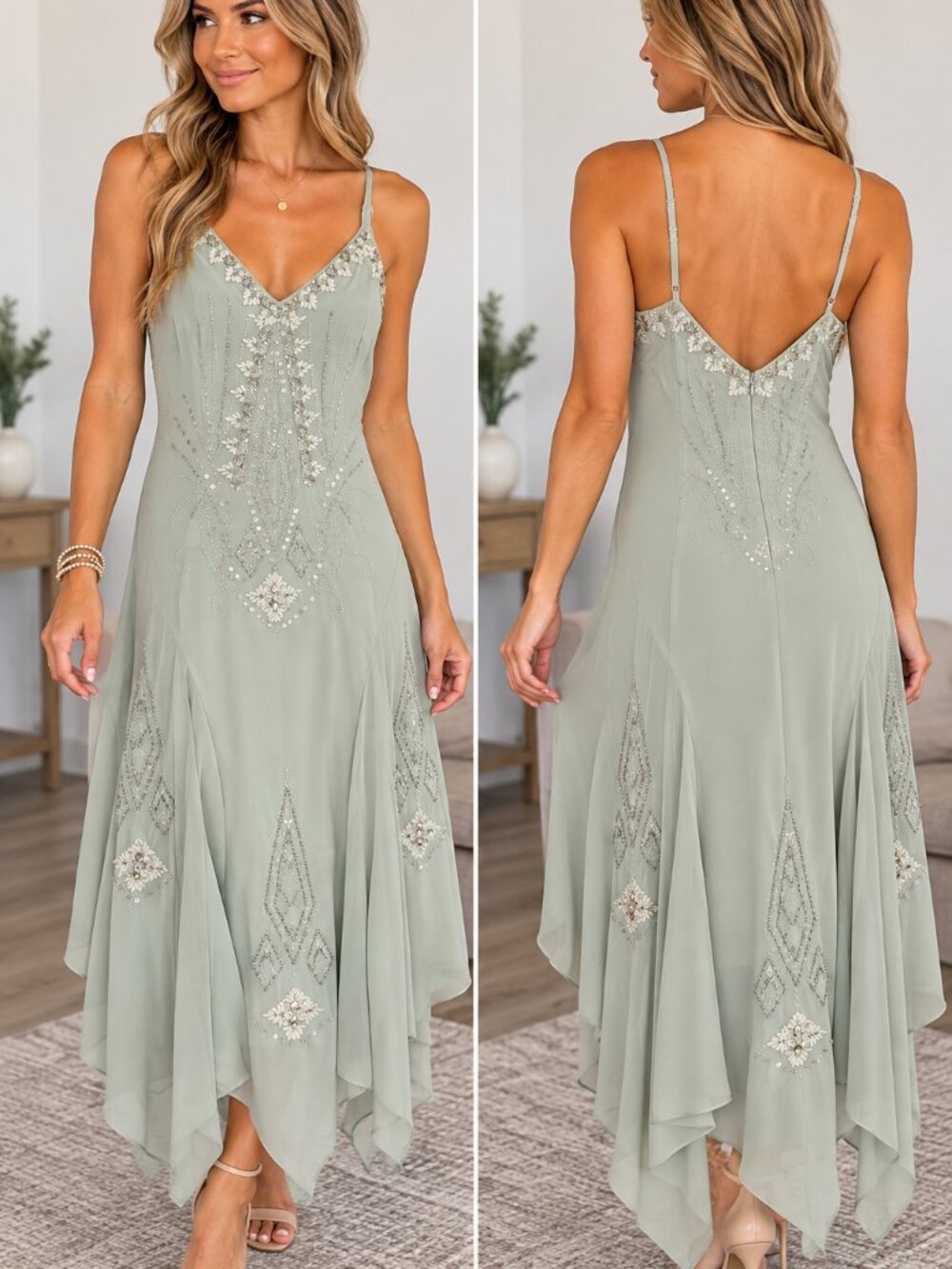 Sage Green Beaded Chiffon Formal Maxi Dress